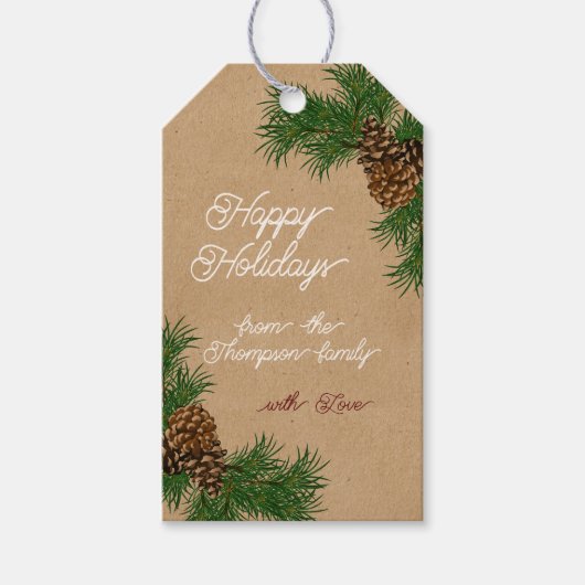 Aangepaste naam Pinecones Pine Branches Kraft Holi Cadeaulabel (Voorkant)