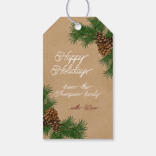 Aangepaste naam Pinecones Pine Branches Kraft Holi Cadeaulabel (Achterkant)