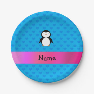 Aangepaste naam pinguïn blauw hart papieren bordje