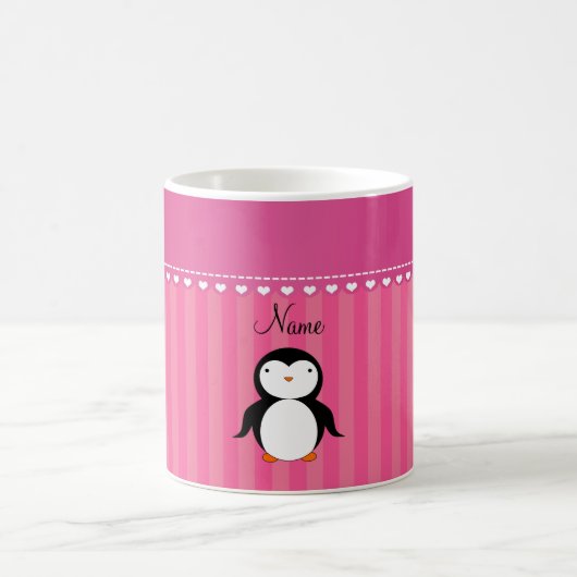 Aangepaste naam pinguïnroze strepen koffiemok (Center)