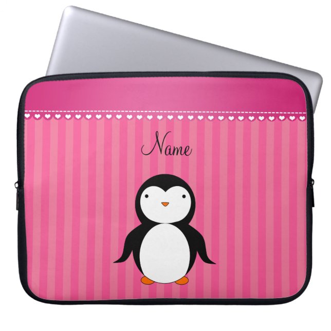 Aangepaste naam pinguïnroze strepen laptop sleeve (Voorkant)