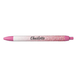 Aangepaste Naam Pink Faux Glitter Glam Verjaardag Zwarte Inkt Pen