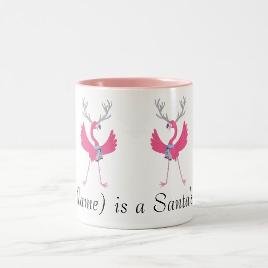 Aangepaste Naam Pink Flamingo Santa's Helpers Tweekleurige Koffiemok (Center)