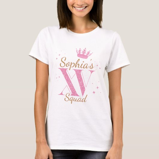 Aangepaste Naam Pink Glitter Mis Quince Squad XV P T-shirt (Voorkant)
