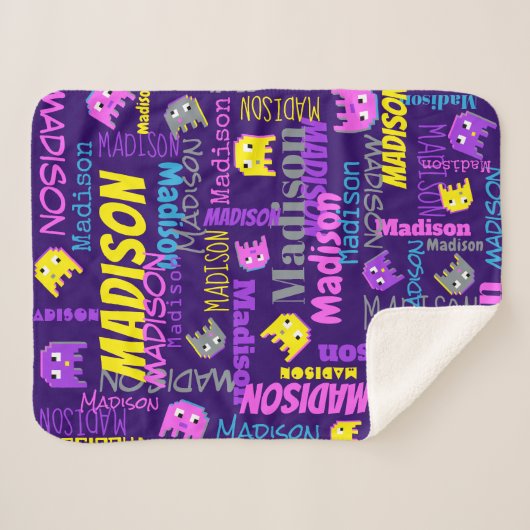 Aangepaste naam pixel gaming roze paarse geel meis sherpa deken (Voorkant (horizontaal))