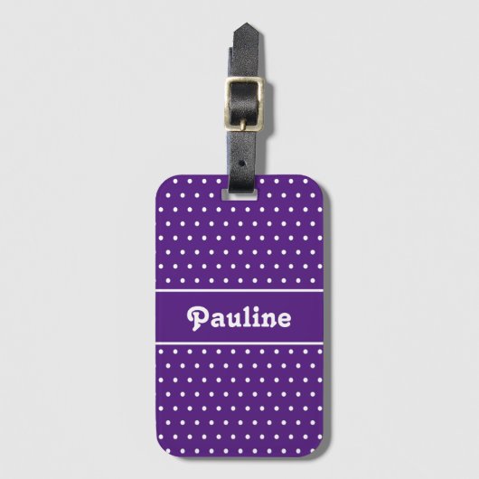 Aangepaste naam Polka Dot Donker Paarse en Wit Bagagelabel (Voorkant (verticaal))