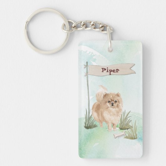 Aangepaste naam Pommeranian Pet Dog Sleutelhanger (Voorkant)