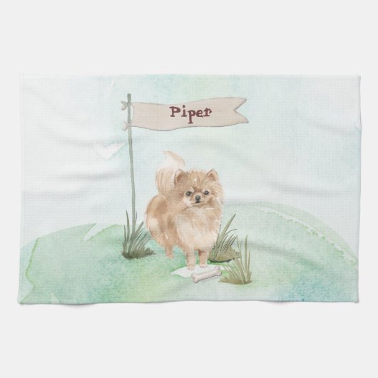 Aangepaste naam Pommeranian Pet Dog Theedoek (Horizontaal)