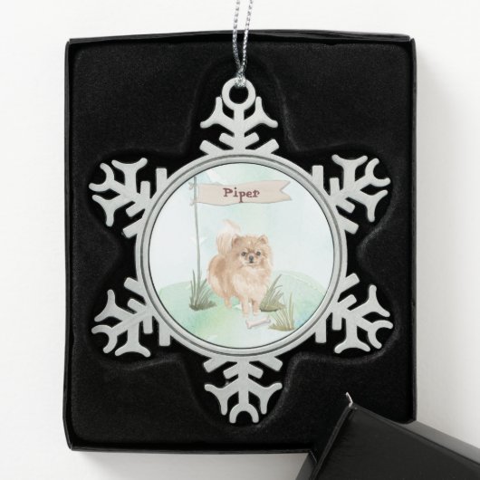 Aangepaste naam Pommeranian Pet Dog Tin Sneeuwvlok Ornament (Kistje)