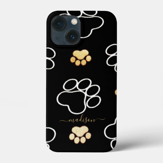 Aangepaste naam Pootafdruk Modern Zwart en Goud Case-Mate iPhone Case (Achterkant)