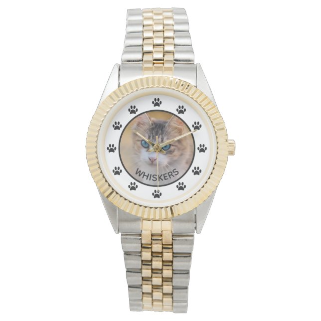 Aangepaste naam pootafdrukken foto van knuffelkat horloge (Voorkant)