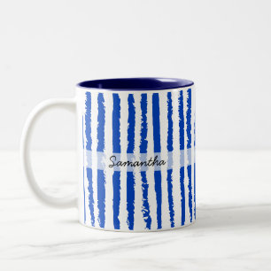 Aangepaste naam Preppy blauwe gestreepte Tweekleurige Koffiemok