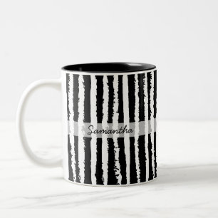 Aangepaste naam preppy zwart wit gestreept tweekleurige koffiemok