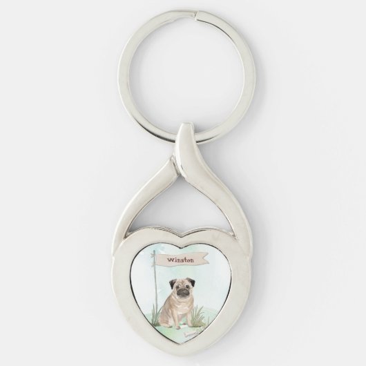Aangepaste naam Pug Pet Dog Sleutelhanger (Voorkant)