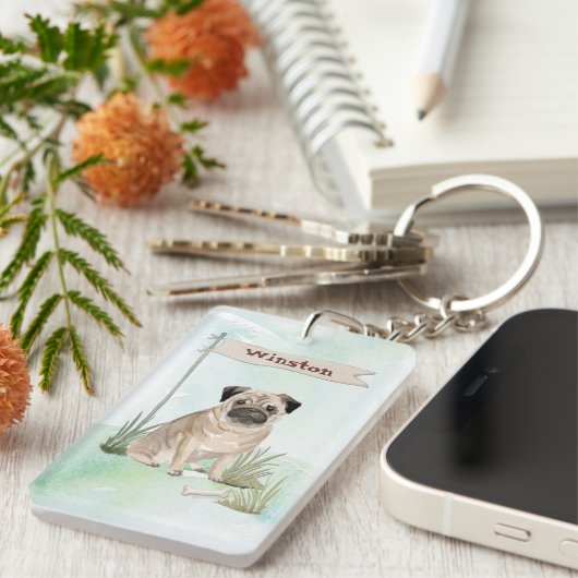 Aangepaste naam Pug Pet Dog Sleutelhanger (Voorkant Rechts)