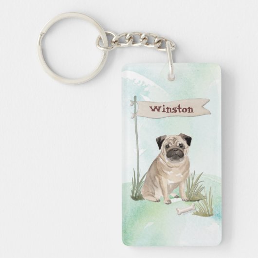 Aangepaste naam Pug Pet Dog Sleutelhanger (Voorkant)