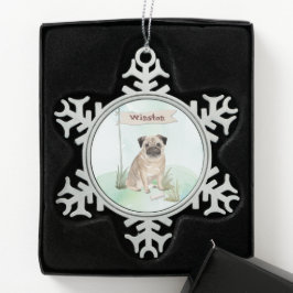 Aangepaste naam Pug Pet Dog Tin Sneeuwvlok Ornament