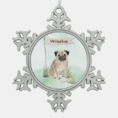 Aangepaste naam Pug Pet Dog Tin Sneeuwvlok Ornament (Voorkant)