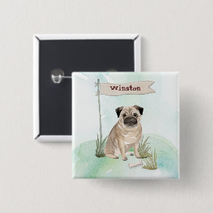 Aangepaste naam Pug Pet Dog Vierkante Button 5,1 Cm