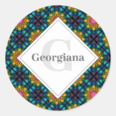 Aangepaste Naam Rainbow Floral Fountain Diamond Te Ronde Sticker (Voorkant)