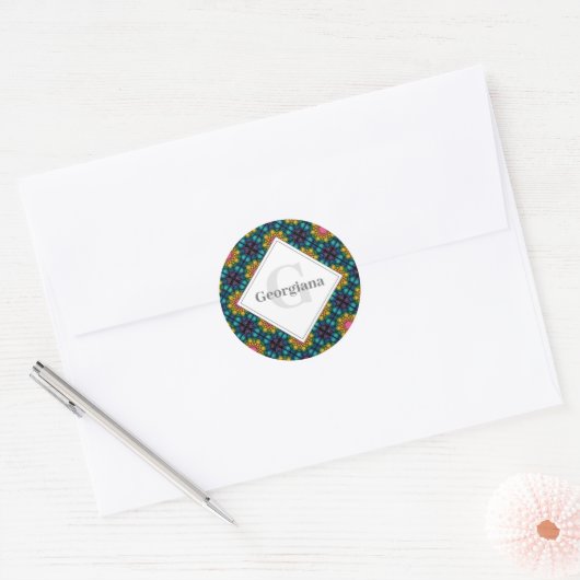 Aangepaste Naam Rainbow Floral Fountain Diamond Te Ronde Sticker (Envelop)