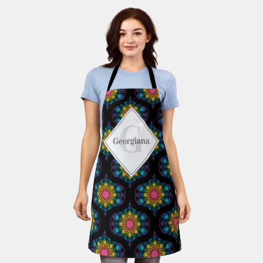 Aangepaste naam Rainbow Floral Fountain Mid Mod Og Schort (Gedragen)