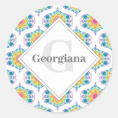 Aangepaste naam Rainbow Floral Mandala Retro Ogee Ronde Sticker (Voorkant)