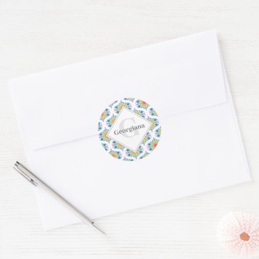 Aangepaste naam Rainbow Floral Mandala Retro Ogee Ronde Sticker (Envelop)
