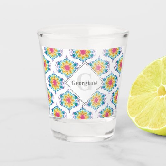 Aangepaste naam Rainbow Floral Mandala Retro Ogee Shot Glas (Voorkant)
