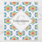 Aangepaste naam Rainbow Floral Mandala Retro Ogee Wijn Etiket (Enkel label)