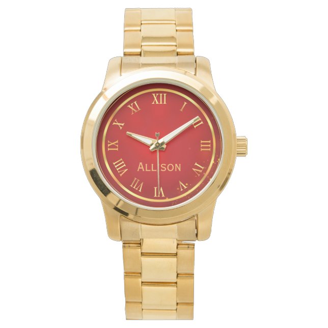 Aangepaste naam: Red Gold Classy Elegant Roman Horloge (Voorkant)