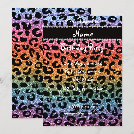 Aangepaste naam regenbooglitter cheetah afdruk kaart (Voorkant / Achterkant)