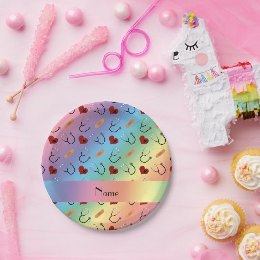 Aangepaste naam regenboogstethoscoopverband papieren bordje (Feest)