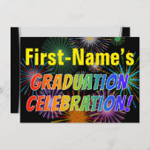 Aangepaste naam, regenboogtekst, Fireworks Afstude Kaart (Voorkant / Achterkant)