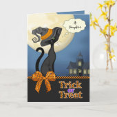 Aangepaste naam/Relatie Trick or treat zwarte kat Kaart (Gele Bloem)