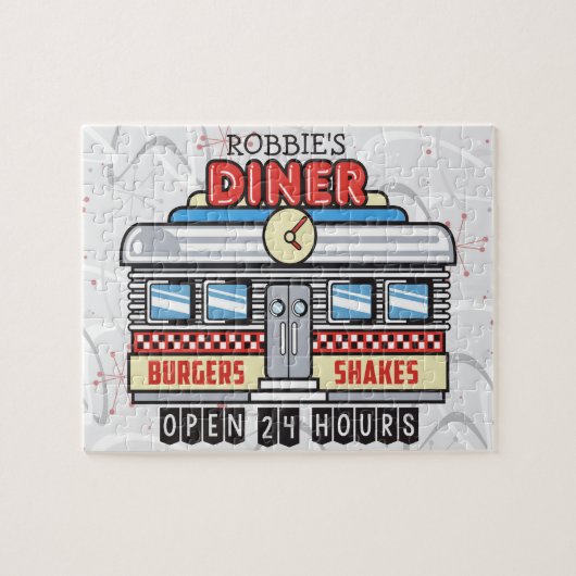Aangepaste NAAM Retro 50s Diner Bord Vijftigerjare Legpuzzel (Horizontaal)