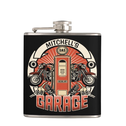 Aangepaste NAAM Retro Benzinepomp Motorfiets Biker Heupfles (Voorkant)