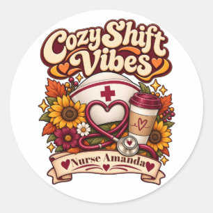 Aangepaste naam Retro Cozy Nurse Life Koffie Ronde Sticker