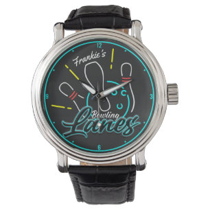 Aangepaste naam Retro Faux Neon Bowler Bowling Lan Horloge