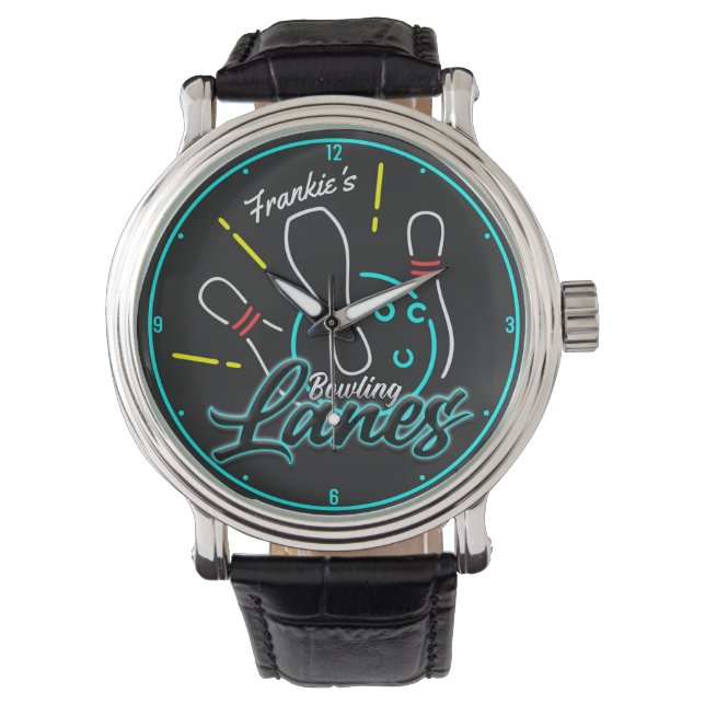 Aangepaste naam Retro Faux Neon Bowler Bowling Lan Horloge (Voorkant)