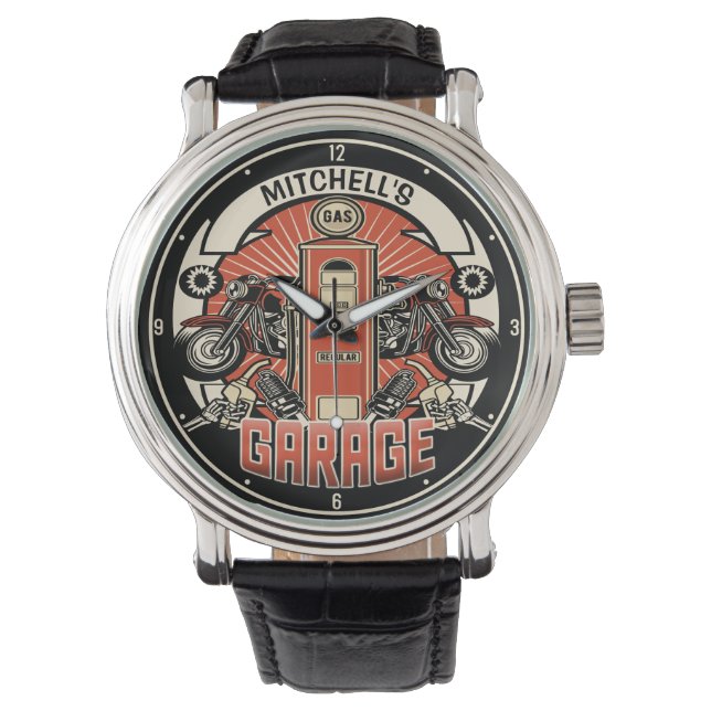 Aangepaste NAAM Retro Gaspomp motorfiets Horloge (Voorkant)