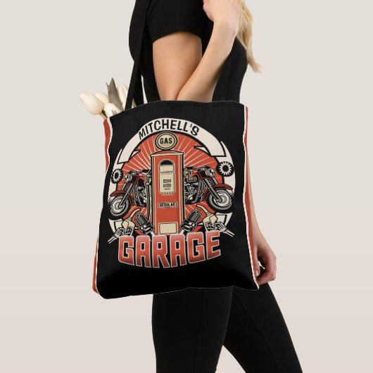 Aangepaste NAAM Retro Gaspomp motorfiets Tote Bag (Dichtbij)