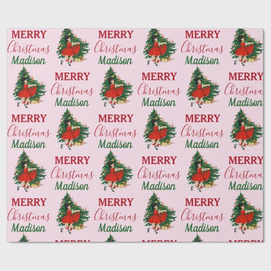 Aangepaste naam Retro Kerstmis - kerstboom roze Cadeaupapier (Vlak)