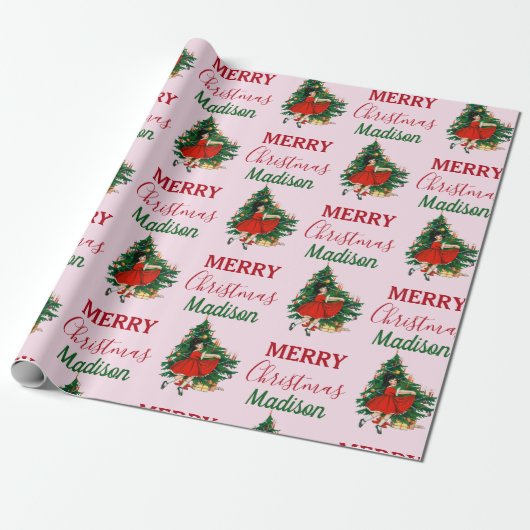 Aangepaste naam Retro Kerstmis - kerstboom roze Cadeaupapier (Uitgerold)