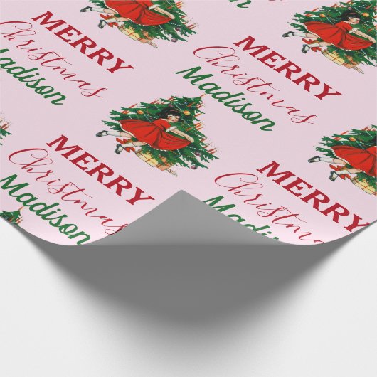 Aangepaste naam Retro Kerstmis - kerstboom roze Cadeaupapier (Hoek)