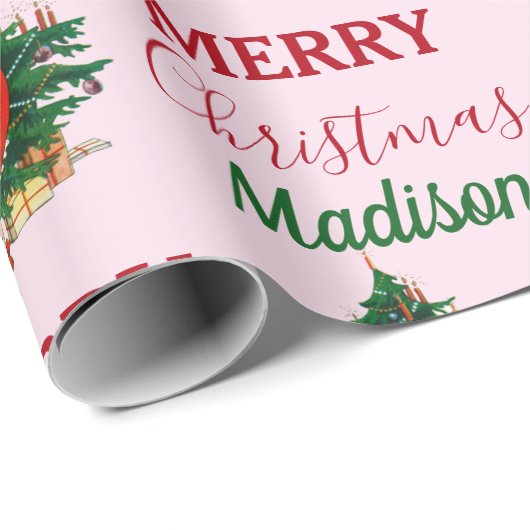 Aangepaste naam Retro Kerstmis - kerstboom roze Cadeaupapier (Rol Hoek)
