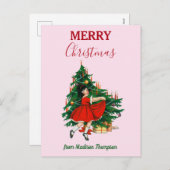 Aangepaste naam Retro Kerstmis - kerstboom roze Feestdagenkaart (Voorkant / Achterkant)