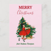 Aangepaste naam Retro Kerstmis - kerstboom roze Feestdagenkaart (Voorkant)