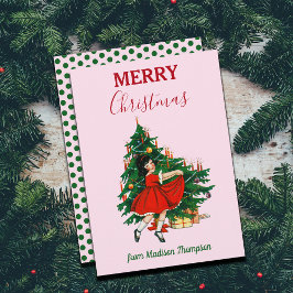 Aangepaste naam Retro Kerstmis - kerstboom roze Feestdagenkaart