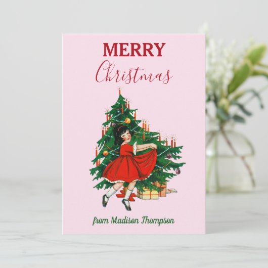 Aangepaste naam Retro Kerstmis - kerstboom roze Feestdagenkaart (Staand voorkant)